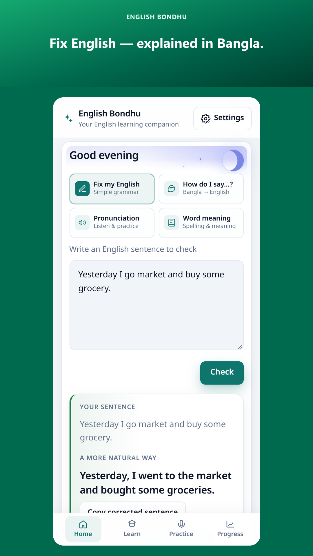 Fix mode showing corrected English and notes
