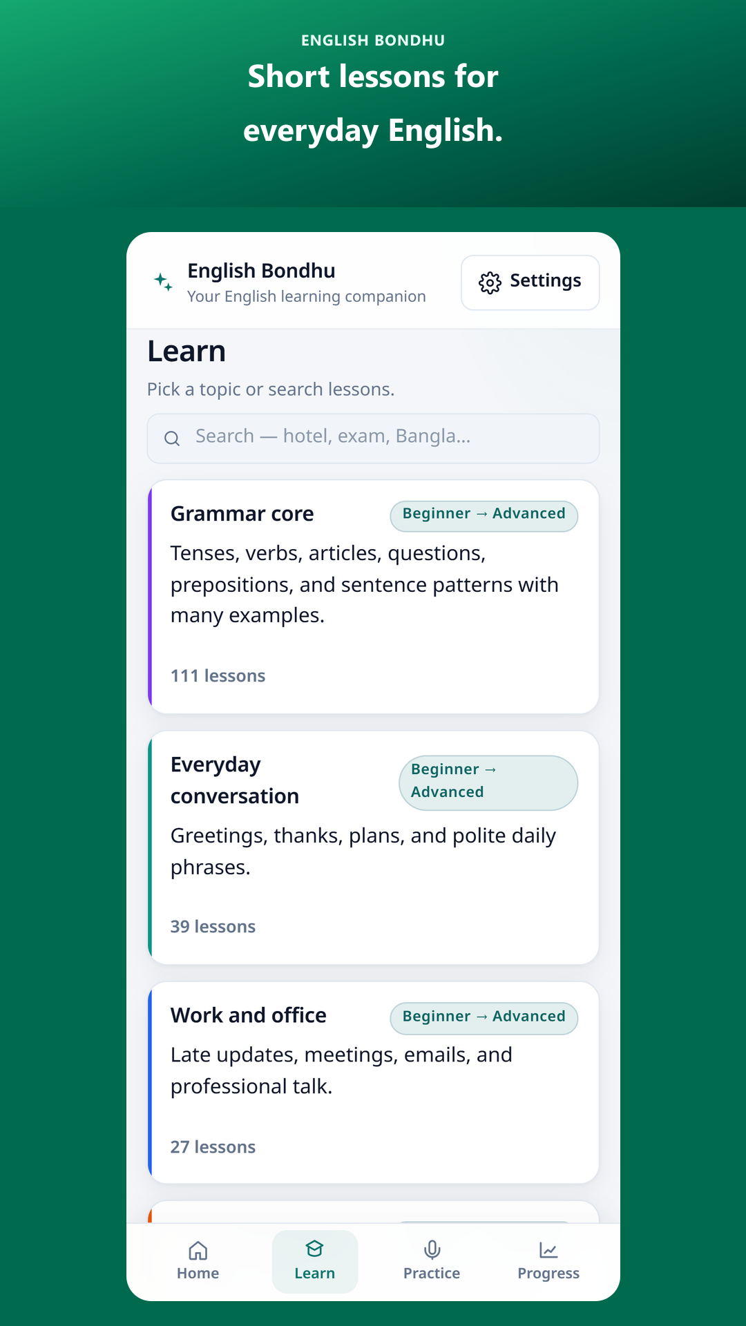 Learn screen with lesson tracks